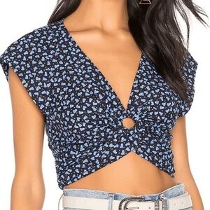 Free People Havana Honey Crop Top Linen Blend O-ring Blue Heart Printed Size M